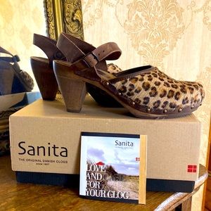 Sanita Leopard Print Fur Wooden Clog Sandal 39